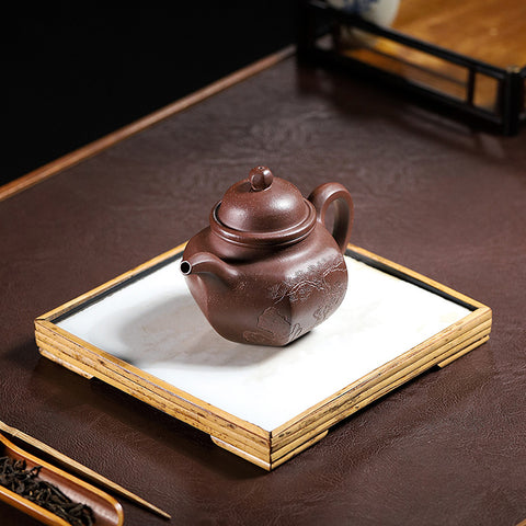 Handmadet Yixing Purple Zisha Clay Teapot with Carved Graphic, 280ml Capacity - theTeaCloud