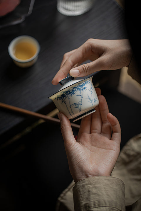 The TeaCloud White and Blue Porcelain Bamboo Gaiwan Teacup, 140ml Capacity gaiwan gaiwan tea set gaiwan tea gaiwan teapot