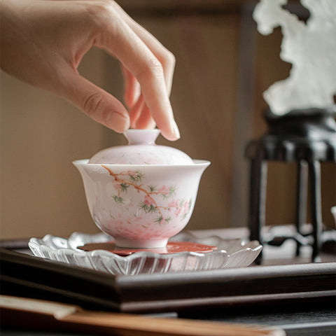 Japanese-Style Hand-Painted Pink Cherry Blossom Gaiwan, 140ml Capacity