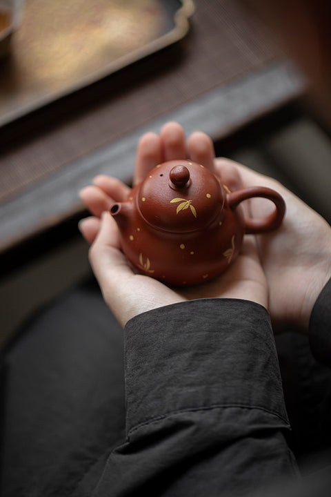 Hand-Painted Zisha Teapot with Bamboo Motif – 100ml Mini Yixing Clay Teapot