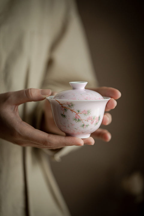 Japanese-Style Hand-Painted Pink Cherry Blossom Gaiwan, 140ml Capacity