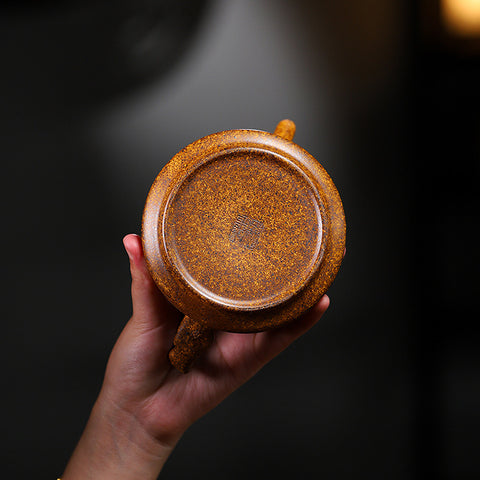 Yixing Handmade Yellow Clay Zisha Teapot with Floral Appliqué, 320ml Large Capacity