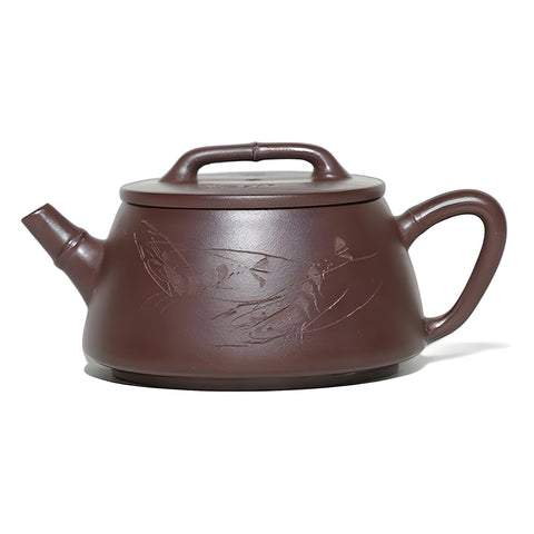 Handmade Yixing Zisha Purple Clay Teapot - Wide-Mouth Teapot with Engravings - 200ml Capacity - theTeaCloud