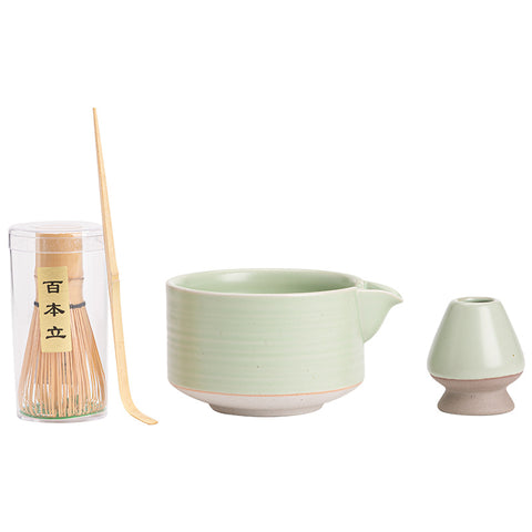 the TeaCloud - Japanese Matcha Tea Ceremony Set - Bamboo Whisk, Tea Bowl, and Tea Whisk Holder Set - Green - theTeaCloud