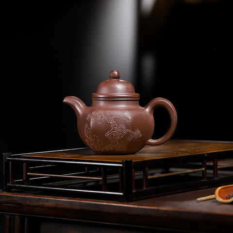 Handmadet Yixing Purple Zisha Clay Teapot with Carved Graphic, 280ml Capacity - theTeaCloud