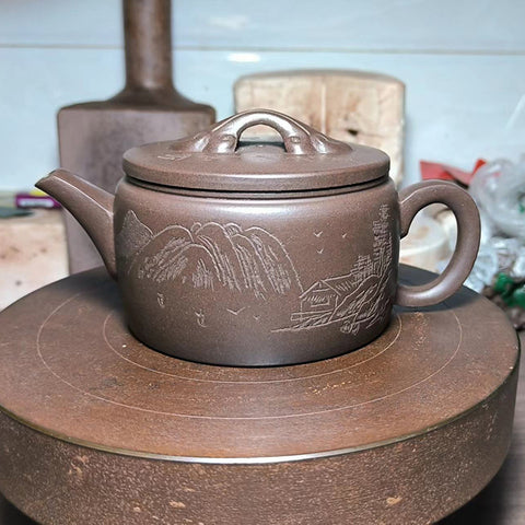 Handmade Yixing Zisha Clay Teapot, Mountain and Water Graphic