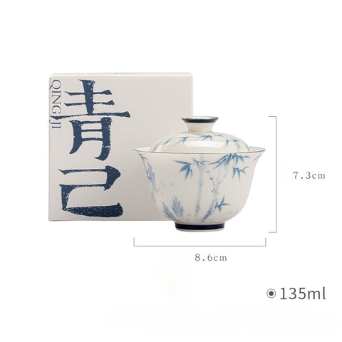 Hand-Painted Blue and White Porcelain Gaiwan with Kung Fu Tea Set, Bamboo Graphic, 135ml