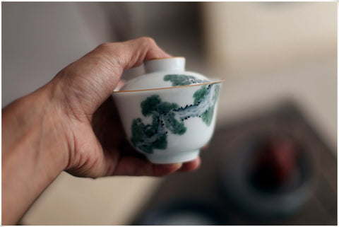 Hand-Painted Underglaze Porcelain Gaiwan with Pine and Cypress Graphic