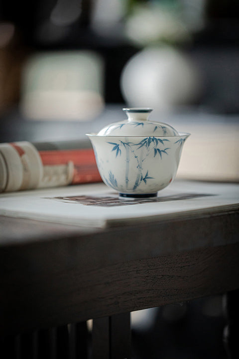 Hand-Painted Blue and White Porcelain Gaiwan with Kung Fu Tea Set, Bamboo Graphic, 135ml