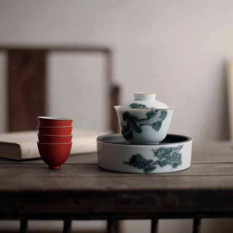 Hand-Painted Underglaze Porcelain Gaiwan with Pine and Cypress Graphic