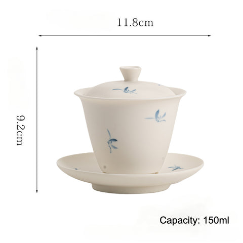 Hand-Painted Orchid Gaiwan Teacup | Elegant Ceramic Kung Fu Tea Set