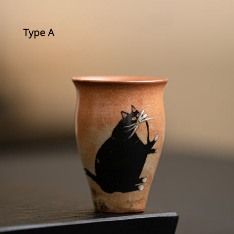 Shino Cat Vintage Style Hand-Painted Mini Ceramic Teacup in Tall Shape