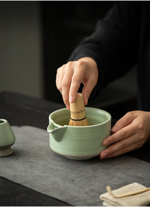 the TeaCloud - Japanese Matcha Tea Ceremony Set - Bamboo Whisk, Tea Bowl, and Tea Whisk Holder Set - Green - theTeaCloud