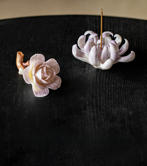 Artisan Porcelain Flower Incense Holder - Chrysanthemum and Camellia
