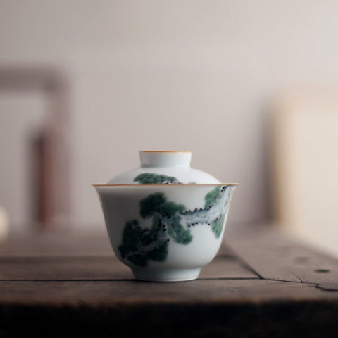 Hand-Painted Underglaze Porcelain Gaiwan with Pine and Cypress Graphic