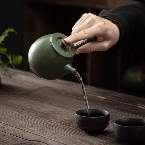 Japanese Style Ceramic Kyusu Teapot in Iron Glaze and Green Color