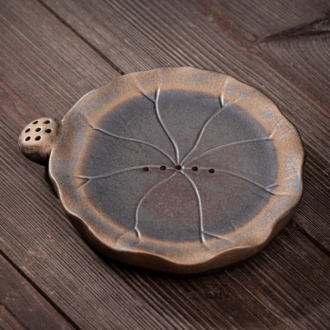 Lotus Shape Gilt Glazed Ceramic Teapot with Tea Tray