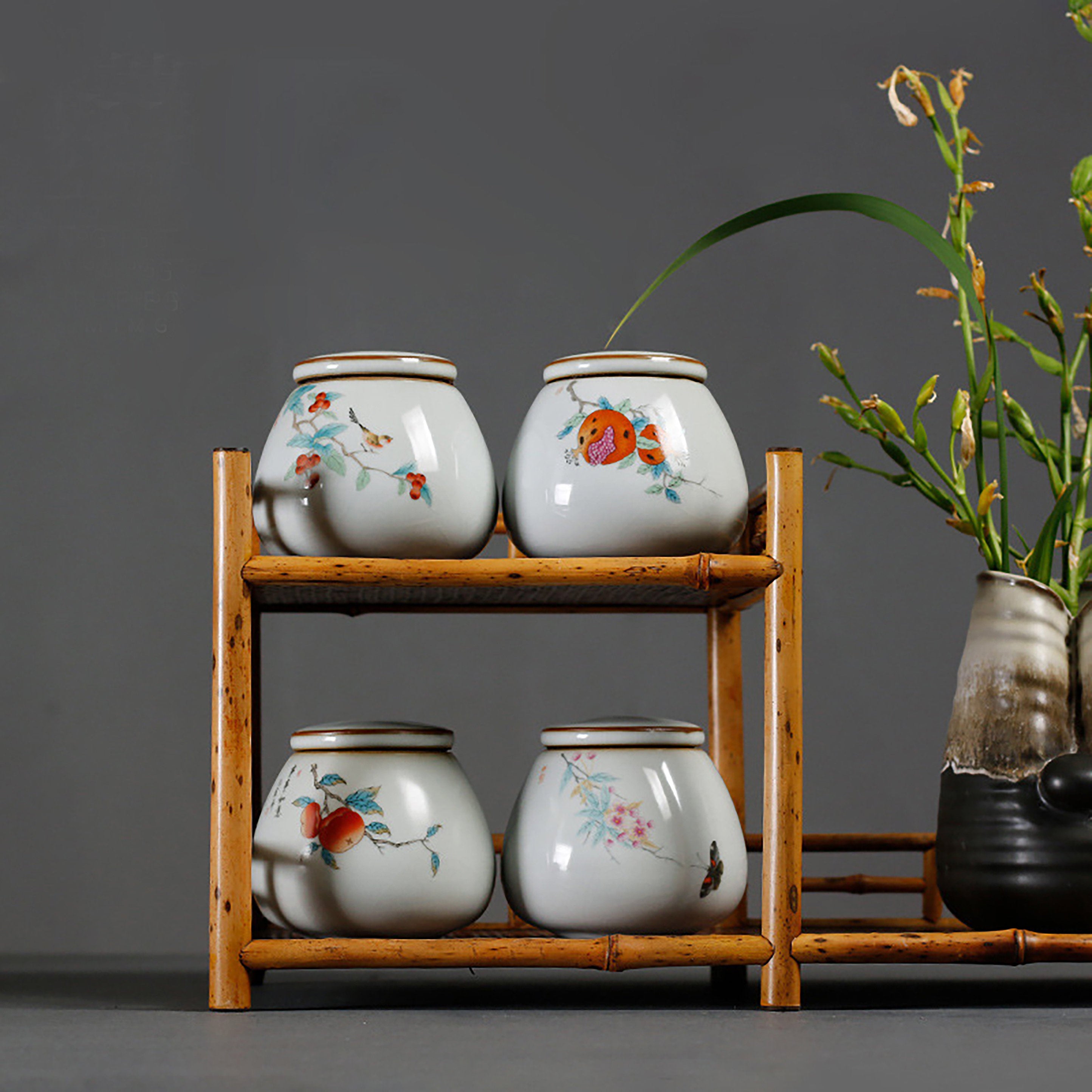 Contenitore foglie del tè in ceramica con figure fiori e uccelli in stile cinese 68