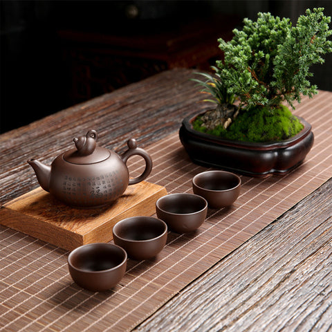 Handmade Zisha Teapot, Traditional Chinese Purple Clay Teapot with "FU" Carving, Zisha Teaset, Teapot with Cups