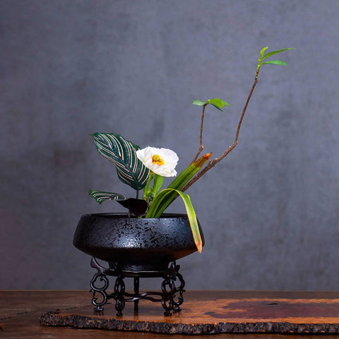 Handmade Ink Speckled Black Ceramic Ikebana Bowl Vase/Japanese Flower Arrangement/Kenzan Flower Frog Included