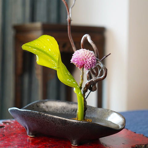 Handmade Boat Shape Ceramic Ikebana Vase/Japanese Flower Arrangement/Kenzan Flower Frog Included