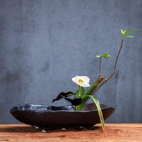 Handmade Boat Shape Ceramic Ikebana Vase/Japanese Flower Arrangement/Kenzan Flower Frog Included