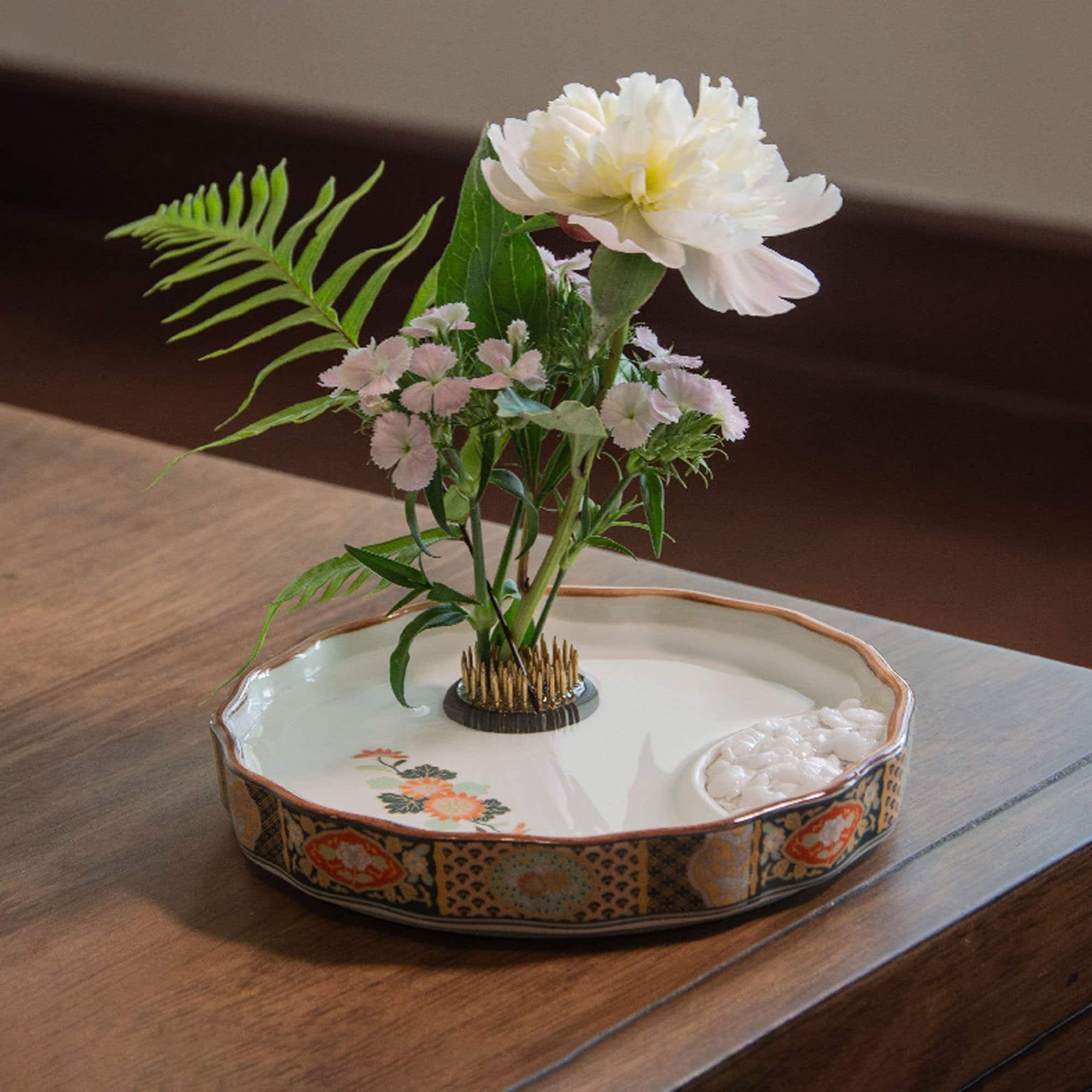 Oriental Ikebana Vase with Kenzan and Pebbles