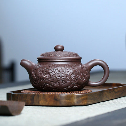 Handmade Yixing Zisha Clay Teapot, Relief Carving Dragon Graphic