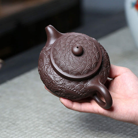 Handmade Yixing Zisha Clay Teapot, Relief Carving Dragon Graphic