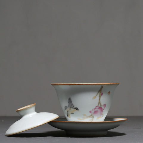 Hand Painted Ceramic Gaiwan Tea Set, “Magpie and Magnolia”