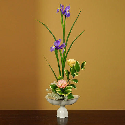 Ceramic High Stem Ikebana Vase with Gold Rim, Japanese Style