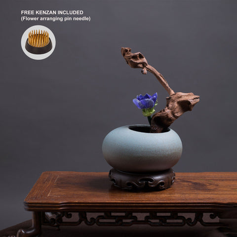 Handmade Ikebana Vase in Round Shape, Japanese Style, Kenzan Flower Frog Included