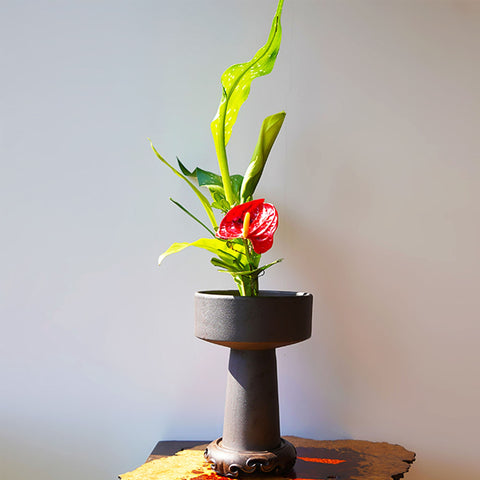 Handmade High Stem Ceramic Ikebana Vase/ Snack Plate in Matte Black, Kenzan Flower Frog Included