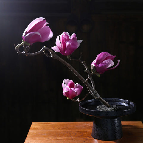 Ink Pattern Traditional Ceramic Ikebana Vase/Kenzan Flower Frog Included