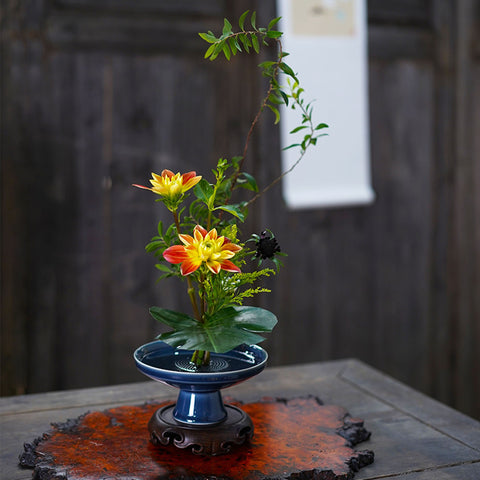 Mini Ceramic Ikebana Vase/Japanese High Stem Style Flower Arrangement/D46 Kenzan Flower Frog Included