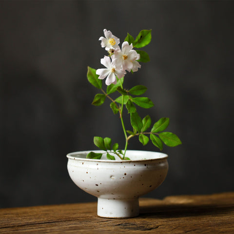 Handmade Ceramic Ikebana Vase/ Snack Plate in White and Black/Kenzan Flower Frog Included