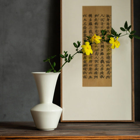 Ceramic Ikebana Vase in Traditional Oriental Style, Green and White Color