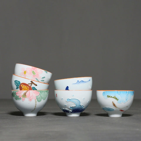Handmade Flower Relief Carving Ceramic Teacup, Espresso Cup, Sake Cup Sets, Set of 6 with Gift Package