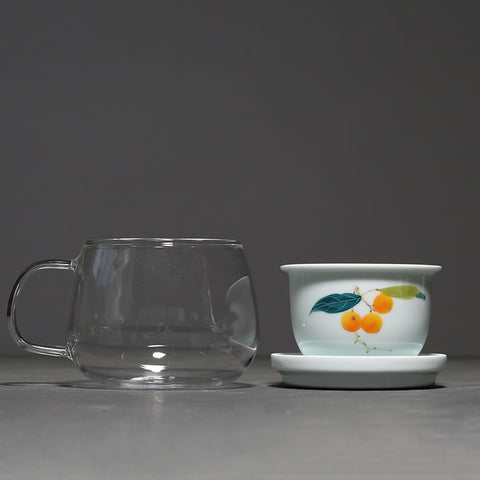 Hand Painted Personal Tea Cup with Lid and Tea Strainer in Lotus Graphic, Portable Teacup, 290ml capactity