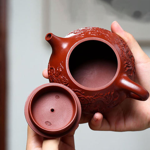 Handmade Yixing Zisha Clay Teapot, Carved Two Dragons Style