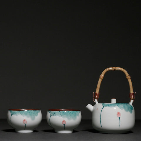 Hand Painted Teapot with Bamboo Handle in Lotus Graphic, Teaset