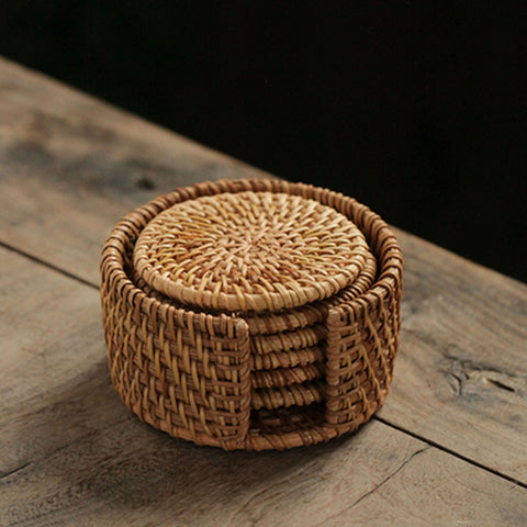 Handmade Woven Rattan Coaster, Set of 6 with holder