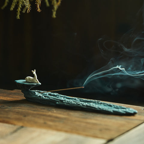 Hand Crafted Green Cloud with White Deer Ceramic Incense Holder