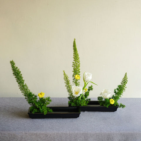Rectangular Ceramic Ikebana Vase/Japanese Flower Arrangement/Large Kenzan Flower Frog Included, Black and White Color