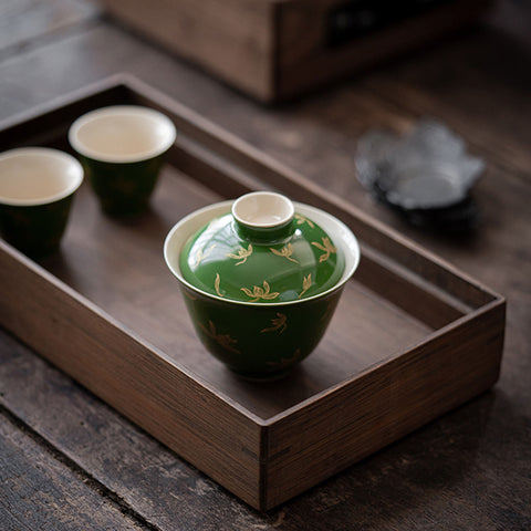 Emerald Green and Gold Water Orchid Gaiwan Teacup Set, Kungfu Tea Cups, 150ml Large Capacity