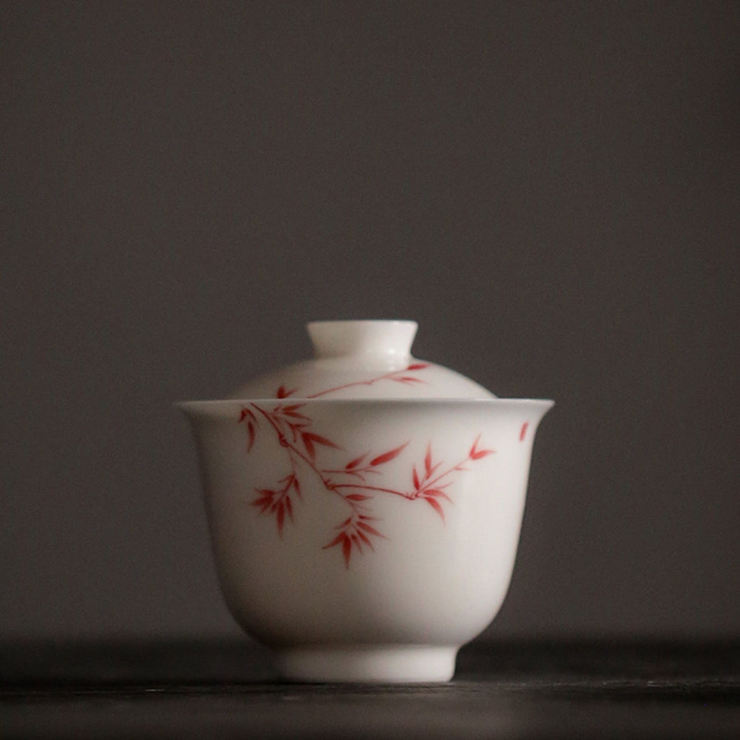 Handpainted Red Bamboo White Porcelain Gaiwan, Kungfu Tea Cups, 150ml Capacity