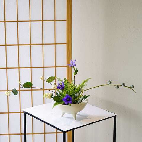 Handmade Grass and Ash Porcelain Ikebana Vase, Ikebana Bowl Kenzan Flower Frog Included