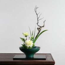 Load image into Gallery viewer, Peacock Green Ceramic Ikebana Bowl/ Ikebana Vase, Traditional Japanese Flower Arrangement with Kenzan Flower Frog Included
