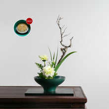 Load image into Gallery viewer, Peacock Green Ceramic Ikebana Bowl/ Ikebana Vase, Traditional Japanese Flower Arrangement with Kenzan Flower Frog Included
