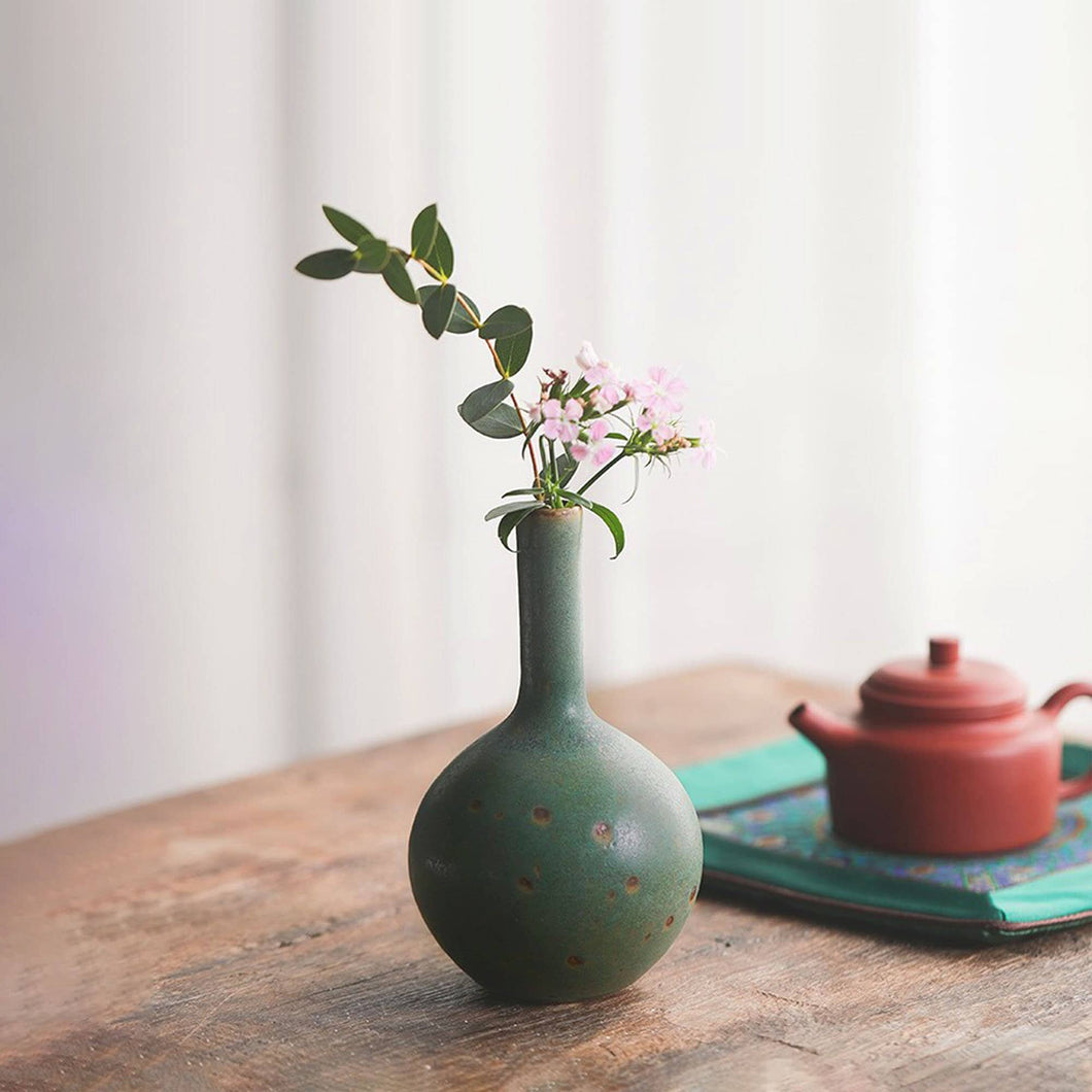 Handmade Long Neck Ceramic Vase, traditional Japanese Green Vintage Style